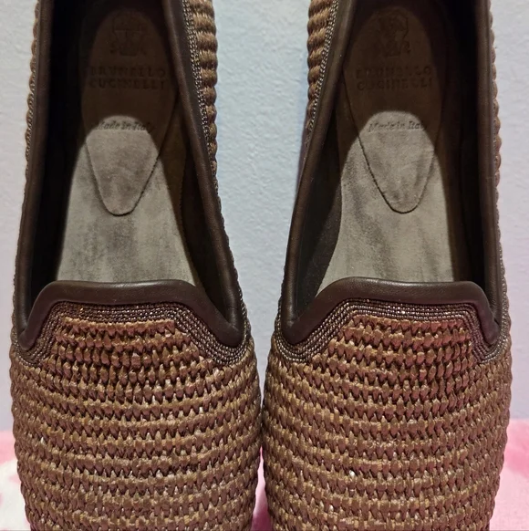 Women's Brunello Cucinelli Brown Leather Trimmed Raffia Slippers, Size 37 - Picture 8 of 10
